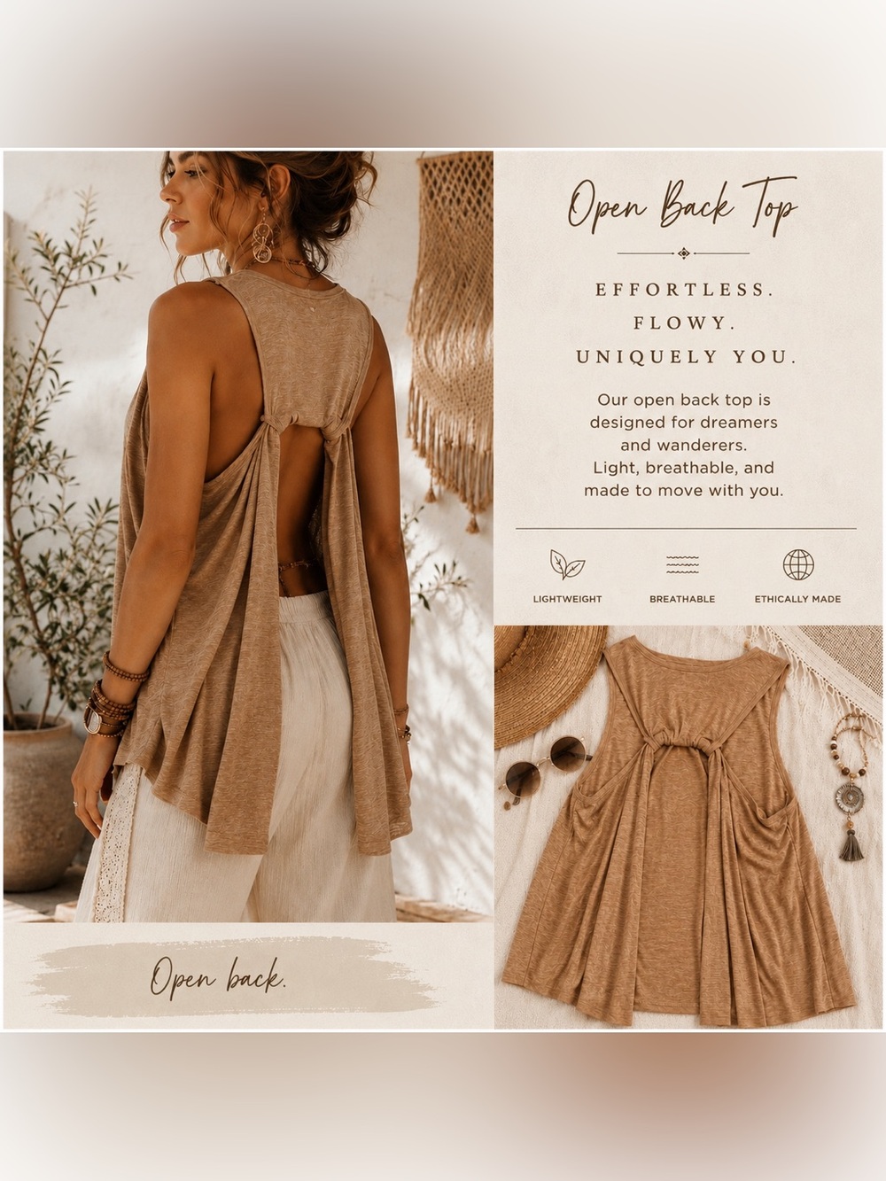 Open-Back Flowy Tank Top in Light Brown